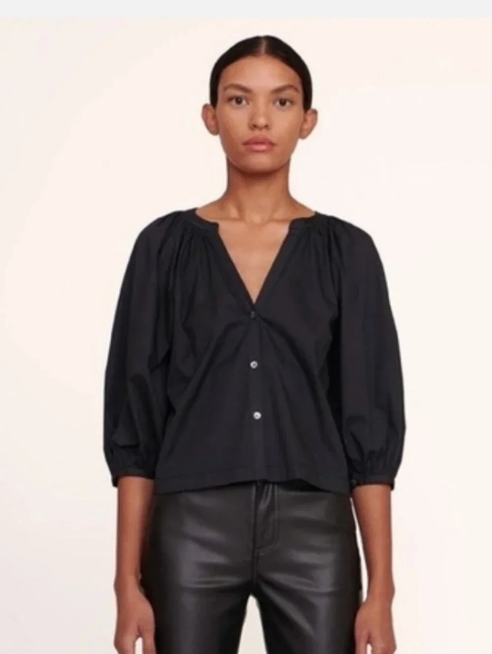 Staud‎ Blouse Blue Cotton V-Neck Button Front Puff Sleeve